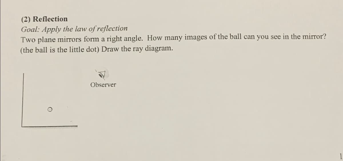 (2) Reflection
Goal: Apply the law of reflection
Two plane mirrors form a right angle. How many images of the ball can you see in the mirror?
(the ball is the little dot) Draw the ray diagram.
Observer