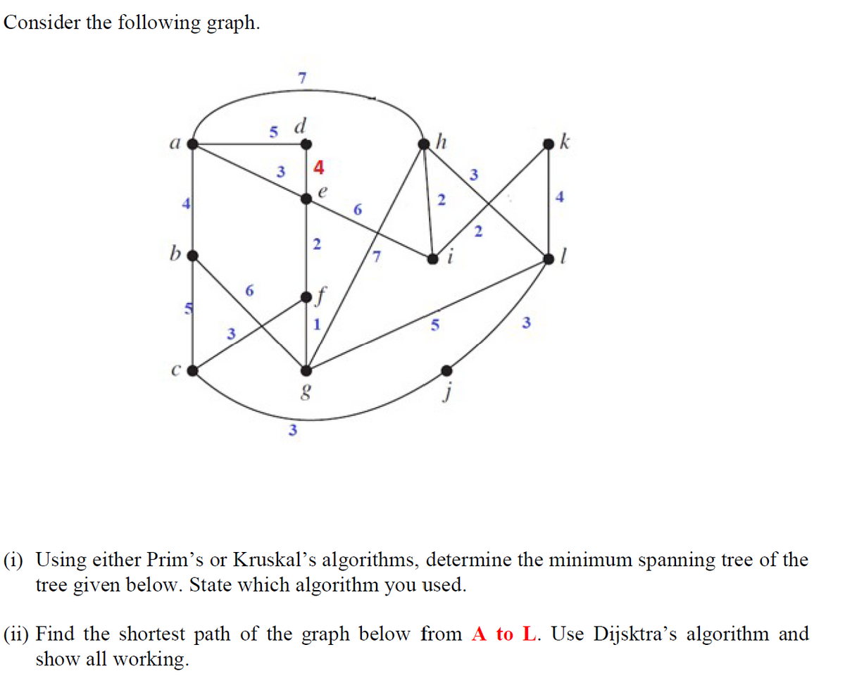 Consider the following graph.
b
Q
17
3
6
5
3
7
d
3
QU
2
g
7
h
$
برا
3
N
نی
k
1
(i) Using either Prim's or Kruskal's algorithms, determine the minimum spanning tree of the
tree given below. State which algorithm you used.
(ii) Find the shortest path of the graph below from A to L. Use Dijsktra's algorithm and
show all working.
