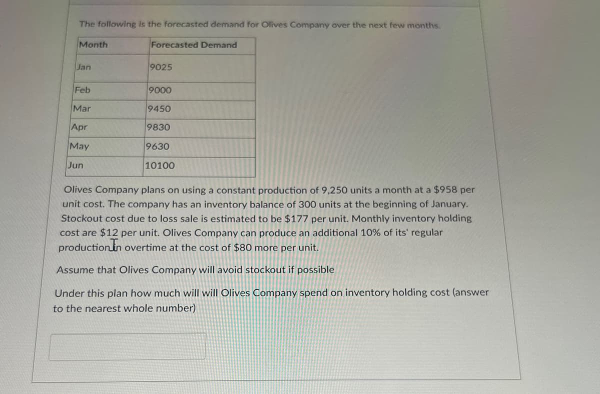 The following is the forecasted demand for Olives Company over the next few months.
Month
Forecasted Demand
Jan
9025
Feb
9000
Mar
9450
Apr
9830
May
9630
Jun
10100
Olives Company plans on using a constant production of 9,250 units a month at a $958 per
unit cost. The company has an inventory balance of 300 units at the beginning of January.
Stockout cost due to loss sale is estimated to be $177 per unit. Monthly inventory holding
cost are $12 per unit. Olives Company can produce an additional 10% of its' regular
production In overtime at the cost of $80 more per unit.
Assume that Olives Company will avoid stockout if possible
Under this plan how much will will Olives Company spend on inventory holding cost (answer
to the nearest whole number)