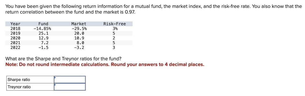 You have been given the following return information for a mutual fund, the market index, and the risk-free rate. You also know that the
return correlation between the fund and the market is 0.97.
Year
2018
Fund
-14.85%
Market
-29.5%
Risk-Free
3%
2019
25.1
20.0
5
2020
12.9
10.9
2
2021
7.2
8.0
2022
-1.5
-3.2
5
3
What are the Sharpe and Treynor ratios for the fund?
Note: Do not round intermediate calculations. Round your answers to 4 decimal places.
Sharpe ratio
Treynor ratio