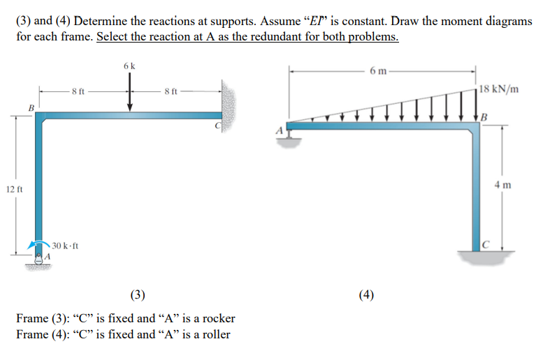(3) and (4) Determine the reactions at supports. Assume "EI" is constant. Draw the moment diagrams
for each frame. Select the reaction at A as the redundant for both problems.
12 ft
B
8 ft
30 k-ft
6k
8 ft
(3)
Frame (3): "C" is fixed and "A" is a rocker
Frame (4): "C" is fixed and "A" is a roller
6 m-
(4)
18 kN/m
B
4 m