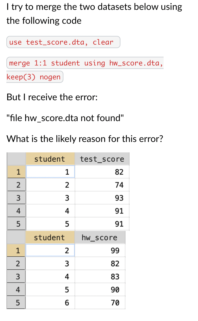 I try to merge the two datasets below using
the following code
use test score.dta, clear
merge 1:1 student using hw_score.dta,
keep(3) nogen
But I receive the error:
"file hw_score.dta not found"
What is the likely reason for this error?
student
test_score
1
1
82
2
2
74
3
3
93
4
4
91
5
5
91
student
hw_score
1
2
99
2
3
82
3
4
83
4
5
90
5
10
70