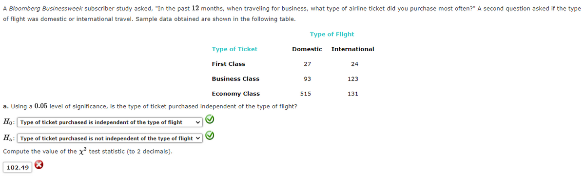 A Bloomberg Businessweek subscriber study asked, "In the past 12 months, when traveling for business, what type of airline ticket did you purchase most often?" A second question asked if the type
of flight was domestic or international travel. Sample data obtained are shown in the following table.
Type of Ticket
First Class
102.49
Business Class
Economy Class
a. Using a 0.05 level of significance, is the type of ticket purchased independent of the type of flight?
Ho: Type of ticket purchased is independent of the type of flight
Ha: Type of ticket purchased is not independent of the type of flight
Compute the value of the X² test statistic (to 2 decimals).
Type of Flight
Domestic International
27
93
515
24
123
131