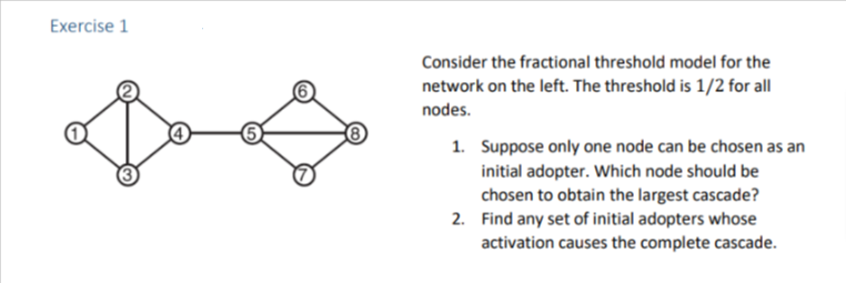 Exercise 1
Consider the fractional threshold model for the
network on the left. The threshold is 1/2 for all
nodes.
1. Suppose only one node can be chosen as an
initial adopter. Which node should be
chosen to obtain the largest cascade?
2. Find any set of initial adopters whose
activation causes the complete cascade.