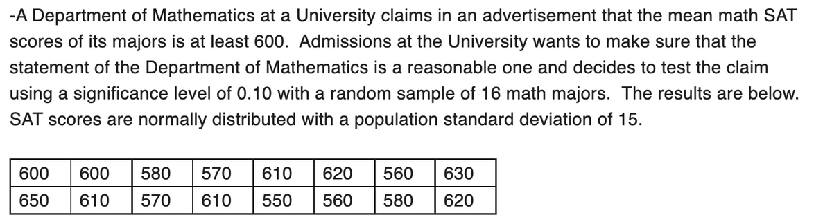 -A Department of Mathematics at a University claims in an advertisement that the mean math SAT
scores of its majors is at least 600. Admissions at the University wants to make sure that the
statement of the Department of Mathematics is a reasonable one and decides to test the claim
using a significance level of 0.10 with a random sample of 16 math majors. The results are below.
SAT scores are normally distributed with a population standard deviation of 15.
600 600 580 570 610 620
650 610 570 610 550 560 580
560 630
620