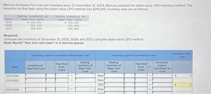 Mercury Company has only one inventory pool. On December 31, 2024, Mercury adopted the dollar-value LIFO inventory method. The
inventory on that date using the dollar-value LIFO method was $215,000. Inventory data are as follows:
Year
2025
2026
2027
Ending Inventory at
Year-End Costs
$ 262,500
350,750
354,000
Ending Inventory at
Base Year Costs
$ 250,000
305,000
295,000
Required:
Compute the inventory at December 31, 2025, 2026, and 2027, using the dollar-value LIFO method.
Note: Round "Year end cost index" to 2 decimal places.
Inventory Layers Converted to Base Year Cost
Inventory Layers Converted to Cost
Inventory at
Date
Year-End
Cost
Year-End Cost
Index
12/31/2024
12/31/2025
12/31/2026
=
Inventory DVL
Cost
Ending
Inventory at
Base Year
Ending
Inventory at
Base Year
Year-End
Cost
Index
Cost
Cost
Inventory
Layers
Converted to
Cost
Base
$
°
Base
2025
$
0
Base
2025)
