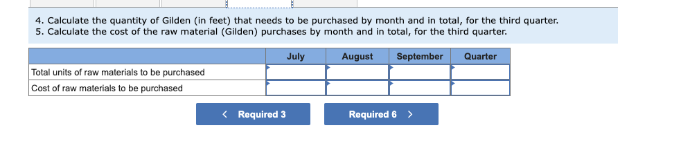 4. Calculate the quantity of Gilden (in feet) that needs to be purchased by month and in total, for the third quarter.
5. Calculate the cost of the raw material (Gilden) purchases by month and in total, for the third quarter.
August
September
Total units of raw materials to be purchased
Cost of raw materials to be purchased
< Required 3
July
Required 6 >
Quarter