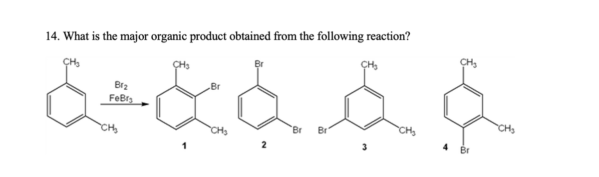 14. What is the major organic product obtained from the following reaction?
CH3
CH3
Br
Br
&&&
Br2
FeBr
CH₂₂
CH3
2
Br Br
CH's
3
CH
CH3
CH3
4
Br