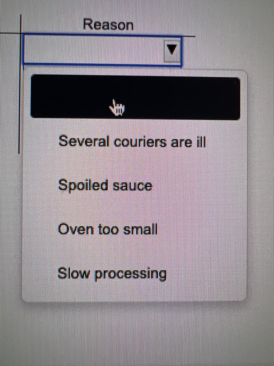 Reason
Several couriers are ill
Spoiled sauce
Oven too small
Slow processing