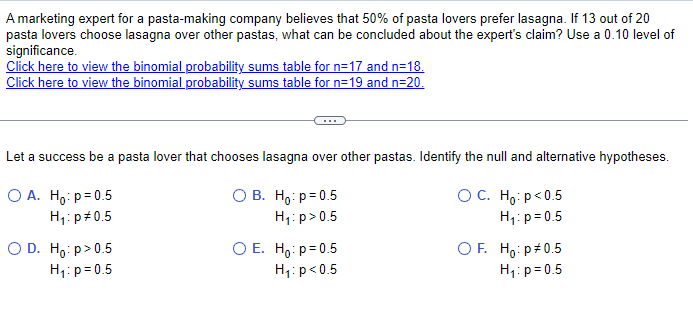 A marketing expert for a pasta-making company believes that 50% of pasta lovers prefer lasagna. If 13 out of 20
pasta lovers choose lasagna over other pastas, what can be concluded about the expert's claim? Use a 0.10 level of
significance.
Click here to view the binomial probability sums table for n=17 and n=18.
Click here to view the binomial probability sums table for n=19 and n=20.
Let a success be a pasta lover that chooses lasagna over other pastas. Identify the null and alternative hypotheses.
○ A. Ho: p=0.5
H₁: p 0.5
OB. Ho: p = 0.5
H₁: p>0.5
○ D. Ho: p > 0.5
H₁: p=0.5
○ E. Ho: p=0.5
H₁: p<0.5
○ C. Ho: p<0.5
H₁: p=0.5
OF. Ho: p# 0.5
H₁: p=0.5