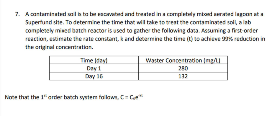 7. A contaminated soil is to be excavated and treated in a completely mixed aerated lagoon at a
Superfund site. To determine the time that will take to treat the contaminated soil, a lab
completely mixed batch reactor is used to gather the following data. Assuming a first-order
reaction, estimate the rate constant, k and determine the time (t) to achieve 99% reduction in
the original concentration.
Time (day)
Day 1
Day 16
Note that the 1st order batch system follows, C = Coekt
Waster Concentration (mg/L)
280
132