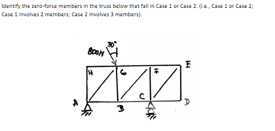 Identify the zero-force members in the truss below that fall in Case 1 or Case 2. (i.e., Case 1 or Case 2;
Case 1 involves 2 members; Case 2 involves 3 members):
800M
3
с
+
klok
HI
E
D