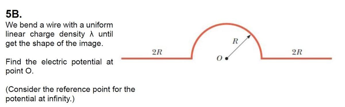 5B.
We bend a wire with a uniform
linear charge density \ until
get the shape of the image.
Ꭱ
2R
Find the electric potential at
point O.
(Consider the reference point for the
potential at infinity.)
2R