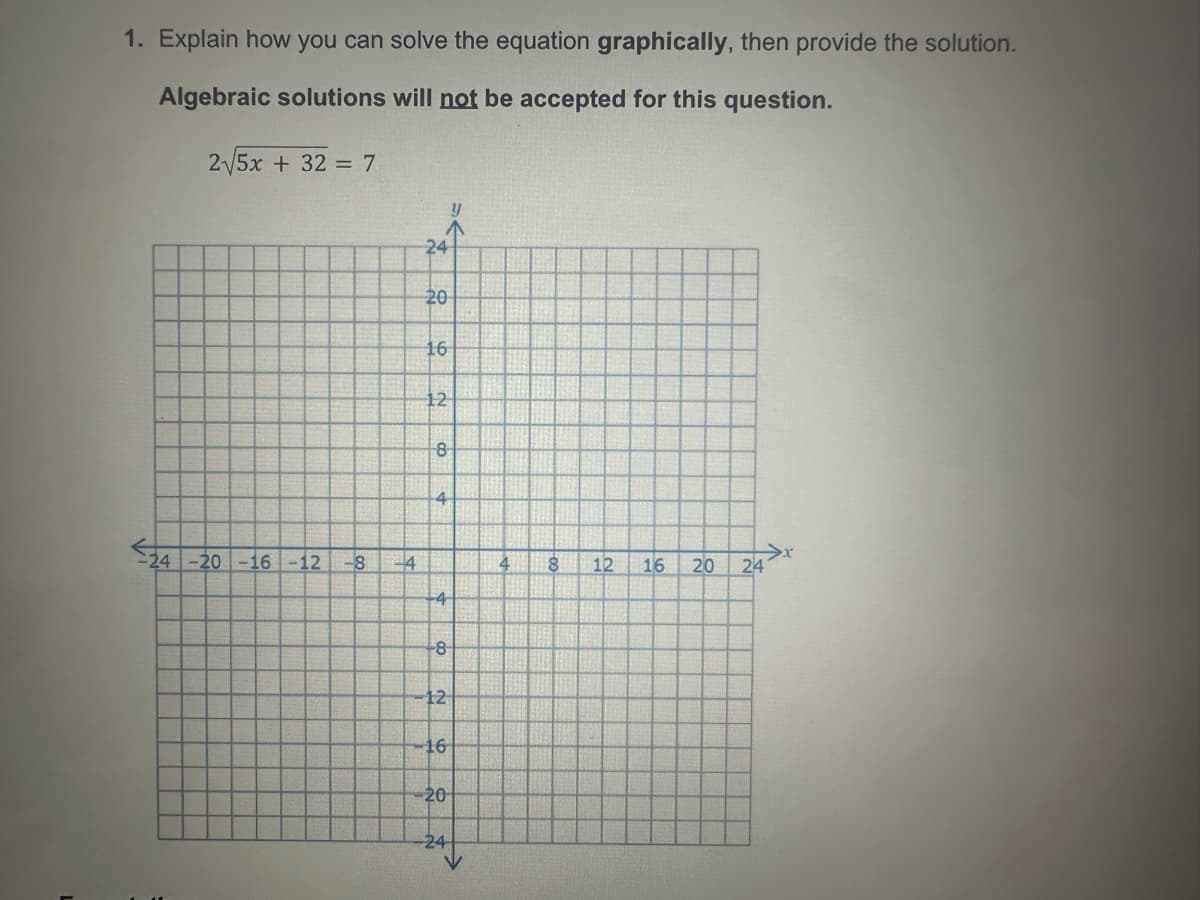 1. Explain how you can solve the equation graphically, then provide the solution.
Algebraic solutions will not be accepted for this question.
2√√5x + 32 = 7
24
20
16
12
8
4
A
24-20-16-12 -8
4
4
8
12
16
20 241
4
8
12
16
20
24