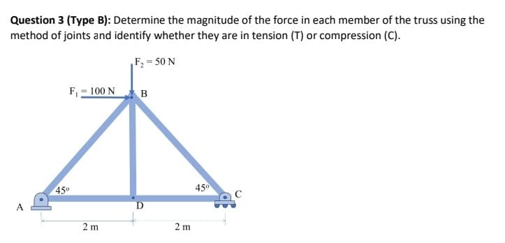 Question 3 (Type B): Determine the magnitude of the force in each member of the truss using the
method of joints and identify whether they are in tension (T) or compression (C).
F₂ = 50 N
F₁ = 100 N
B
A
45°
2 m
D
2 m
45°