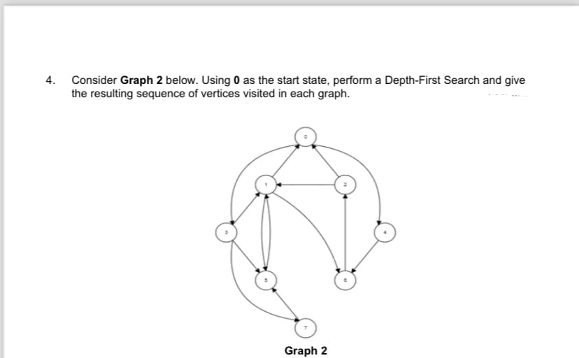 4.
Consider Graph 2 below. Using 0 as the start state, perform a Depth-First Search and give
the resulting sequence of vertices visited in each graph.
Graph 2