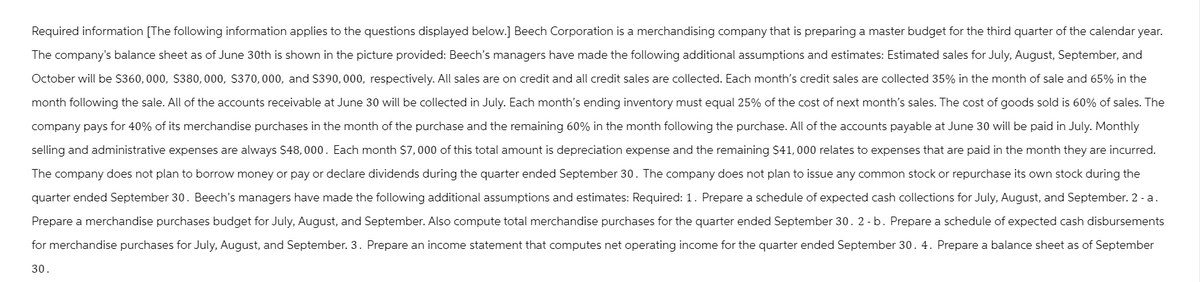 Required information [The following information applies to the questions displayed below.] Beech Corporation is a merchandising company that is preparing a master budget for the third quarter of the calendar year.
The company's balance sheet as of June 30th is shown in the picture provided: Beech's managers have made the following additional assumptions and estimates: Estimated sales for July, August, September, and
October will be $360,000, $380,000, $370,000, and $390,000, respectively. All sales are on credit and all credit sales are collected. Each month's credit sales are collected 35% in the month of sale and 65% in the
month following the sale. All of the accounts receivable at June 30 will be collected in July. Each month's ending inventory must equal 25% of the cost of next month's sales. The cost of goods sold is 60% of sales. The
company pays for 40% of its merchandise purchases in the month of the purchase and the remaining 60% in the month following the purchase. All of the accounts payable at June 30 will be paid in July. Monthly
selling and administrative expenses are always $48,000. Each month $7,000 of this total amount is depreciation expense and the remaining $41,000 relates to expenses that are paid in the month they are incurred.
The company does not plan to borrow money or pay or declare dividends during the quarter ended September 30. The company does not plan to issue any common stock or repurchase its own stock during the
quarter ended September 30. Beech's managers have made the following additional assumptions and estimates: Required: 1. Prepare a schedule of expected cash collections for July, August, and September. 2-a.
Prepare a merchandise purchases budget for July, August, and September. Also compute total merchandise purchases for the quarter ended September 30. 2 - b. Prepare a schedule of expected cash disbursements
for merchandise purchases for July, August, and September. 3. Prepare an income statement that computes net operating income for the quarter ended September 30. 4. Prepare a balance sheet as of September
30.