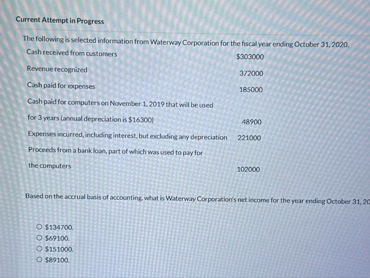 Current Attempt in Progress
The following is selected information from Waterway Corporation for the fiscal year ending October 31, 2020.
Cash received from customers
$303000
Revenue recognized
372000
Cash paid for expenses
185000
Cash paid for computers on November 1, 2019 that will be used
for 3 years (annual depreciation is $16300)
48900
Expenses incurred, including interest, but excluding any depreciation
221000
Proceeds from a bank loan, part of which was used to pay for
the computers
102000
Based on the accrual basis of accounting, what is Waterway Corporation's net income for the year ending October 31, 20
O $134700.
O $69100.
O $151000.
O $89100.