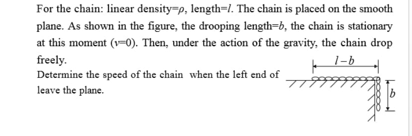 For the chain: linear density-p, length=/. The chain is placed on the smooth
plane. As shown in the figure, the drooping length=b, the chain is stationary
at this moment (v-0). Then, under the action of the gravity, the chain drop
freely.
1-b
k
Determine the speed of the chain when the left end of
leave the plane.