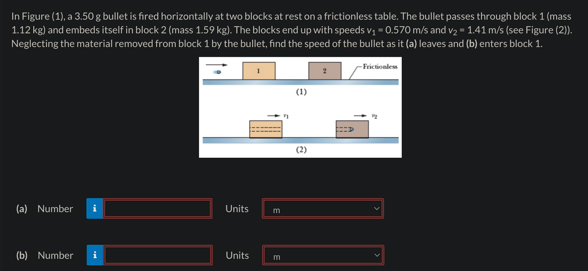 In Figure (1), a 3.50 g bullet is fired horizontally at two blocks at rest on a frictionless table. The bullet passes through block 1 (mass
1.12 kg) and embeds itself in block 2 (mass 1.59 kg). The blocks end up with speeds v₁ = 0.570 m/s and v₂ = 1.41 m/s (see Figure (2)).
Neglecting the material removed from block 1 by the bullet, find the speed of the bullet as it (a) leaves and (b) enters block 1.
(a) Number
Units
m
(b) Number
Units
m
V1
(1)
(2)
Frictionless
19